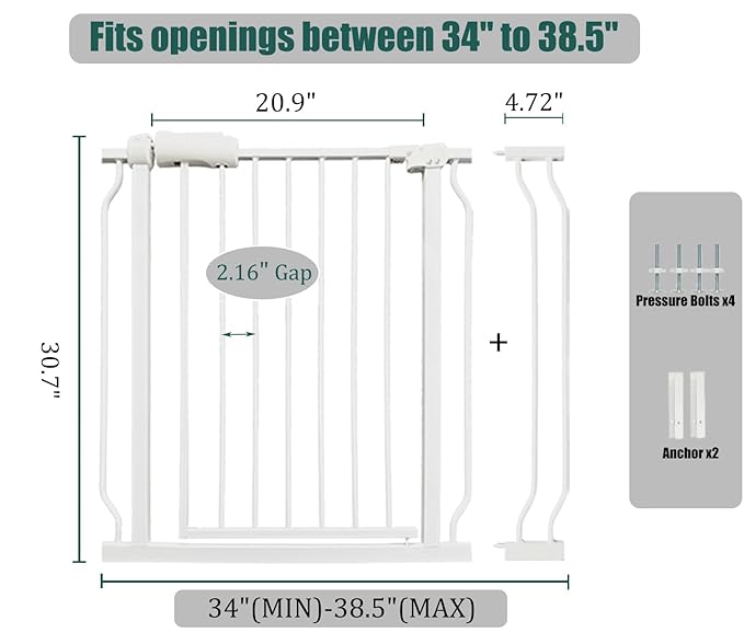 34-38.5 Inch Walk Through Baby & Dog Gate, No Drill Pressure Mounted, Expandable Safety Gate for Kitchen & Living Room, White Metal with Extension Kit