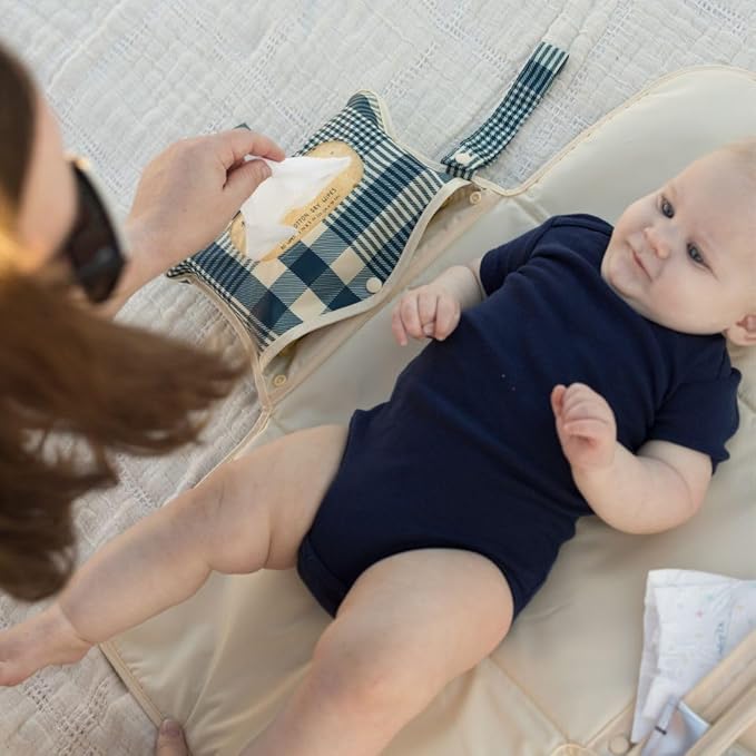 Tiny Twinkle Portable Diaper Changing Pad | Waterproof, Wipeable & Compact Baby Changing Pad for Travel | Smart Wipes Pocket & Organized Storage| Newborn Shower Gift (Gingham)