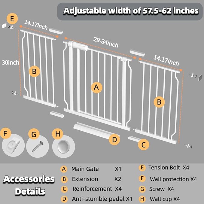 TSAYAWA 57.5"-62" Extra Wide Auto Closing Baby Safety Gate for Stairs & Doorways, Pressure Mounted No Drill Pet Gate with Walk-Through Door - Heavy Duty Childproof Gate for Toddlers, Kids, Dogs