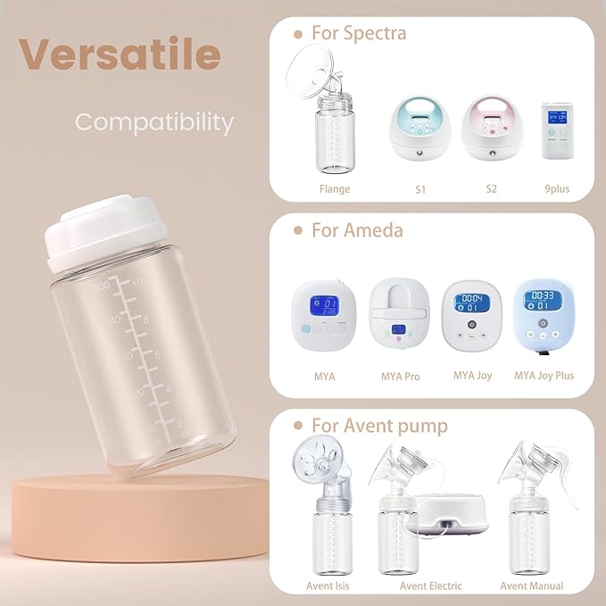 4 Pack 10oz Wide-mouth Breastmilk Storage Bottle for Momcozy 22oz Portable Breast Milk Cooler, Pumping Storage Containers Compatible with Spectra S1/S2/9 Plus/SG/Motif Luna (4PC/White Lids)