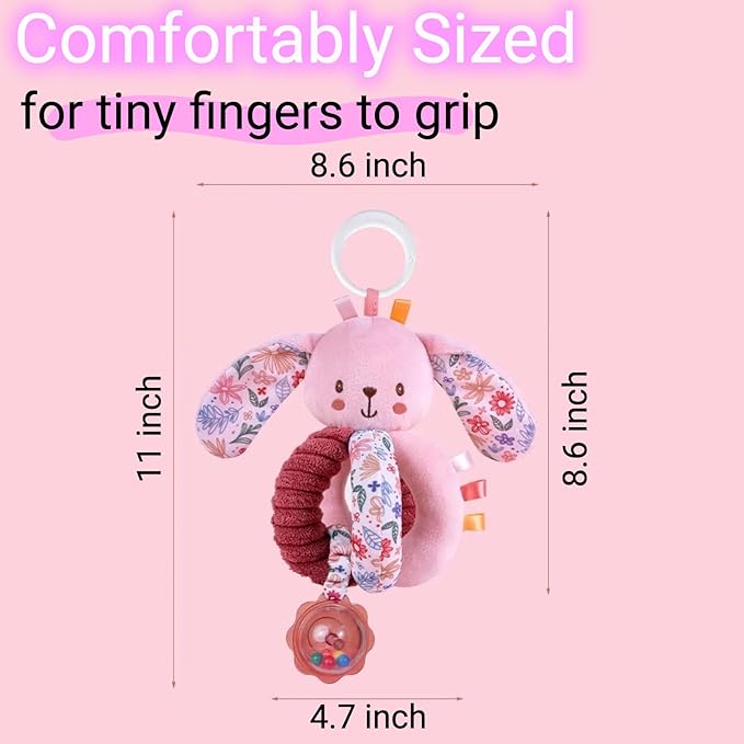 Baby Stroller Hanging Car Seat Toys for Infants 0-6 Months Girl 0-2-3-4-5-7-8 6-12 Month Old Newborn Valentines Gifts, Carseat Pink Plush Toy for Babies Play Gym Rattle Easter Basket Stuffers