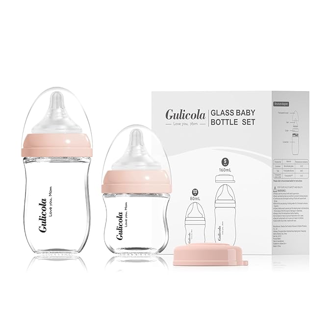 Gulicola Natural Glass Baby Bottle Newborn Set, 3 oz and 5 oz with Extra Slow Flow & Slow Flow Nipple, Anti Colic, 0-3 Months, 2 Pack - Pink