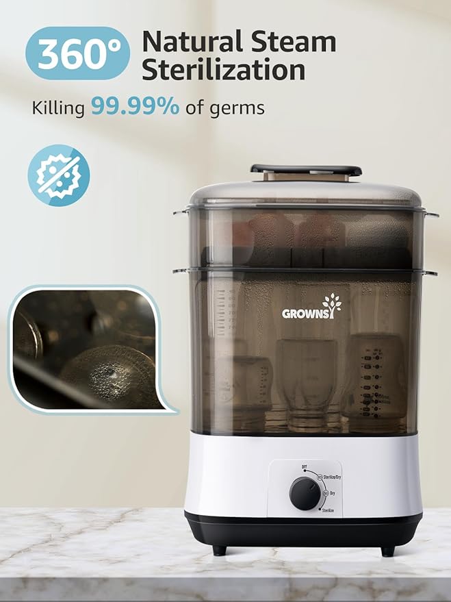 Grownsy Adjustable 4 in 1 Large Bottle Sterilizer and Dryer, 8 Bottles Capacity,Electric Steam Baby Bottle Sterilizer, Sanitizer for Baby Bottles & Pacifiers, Breast Pump Parts