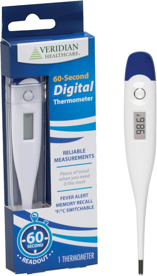Veridian Digital Thermometer | 60-Second Readout | Fever Alert + Memory Recall| Clinical Rigid Tip | Hygienic Water-Resistant Easy Cleaning | Storage Case + Probe Covers Included