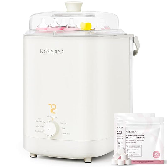 KISSBOBO Baby Bottle Washer, Sterilizer and Dryer 28 Nozzles with 360° Omni-Directional Spray, 72-Hour Clean Storage, Dual-Layer Adjustable Rack for Multiple Bottle Sizes with 60Pcs Detergent Tablets