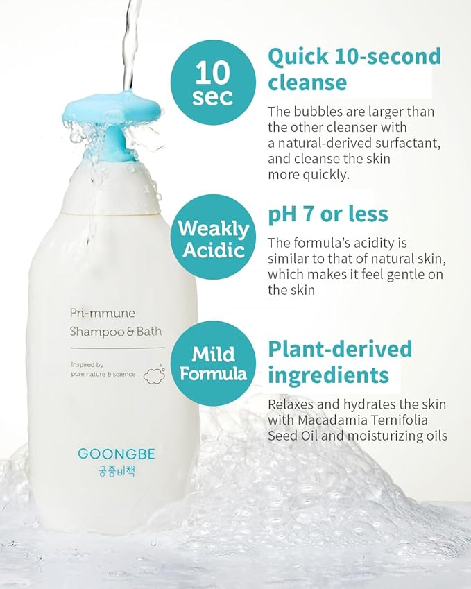 GOONGBE Pri-mmune Shampoo & Bath - Korean Baby Wash - Hypoallergenic Head to Toe Cleanser - Paraben-Free Formula For Sensitive Hair & Skin, 11.8 fl.oz.