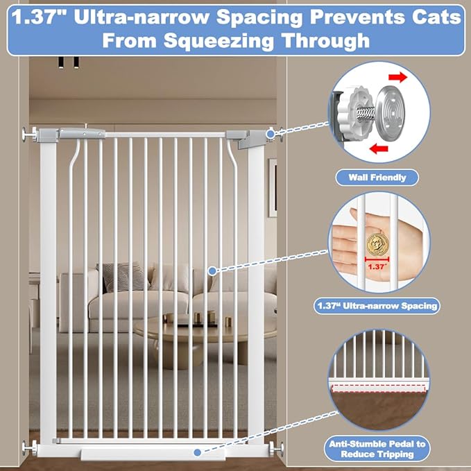 Qonimm 40.55" Extra Tall Baby Gate -60.3"-62.9" Extra Wide Baby Gate Pet Gate for Stairs and Doorways-1.37" Ultra Narrow Spacing Pressure Mounted Dog Gate with One-Handed Operation(60.3"-62.9")