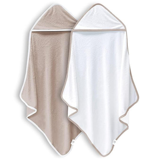 BAMBOO QUEEN 2 Pack Baby Bath Towel - Rayon Made from Bamboo, Ultra Soft Hooded Towels for Kids - X Large Size for 0-7 Yrs (White and Brown, 37.5 x 37.5 Inch)