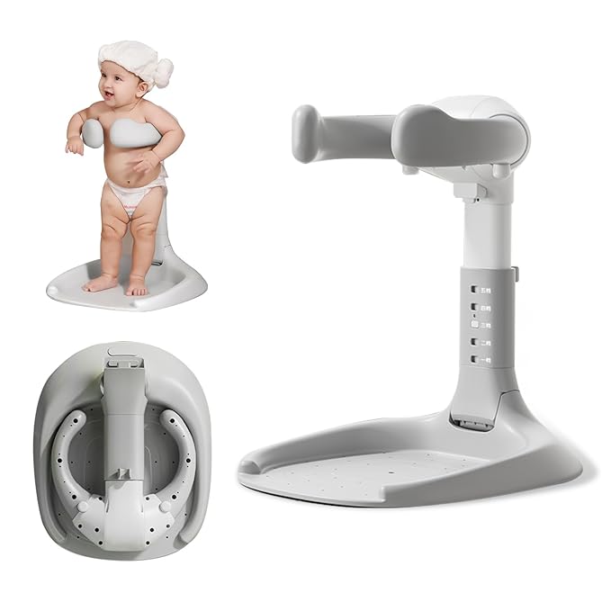 Foldable Baby Shower Stand, Toddler Bath Standing Support with Anti-Slip Base and Shower Holder, Adjustable 5 Levels Height, Ideal Gift for Infants 6-36 Months-Grey