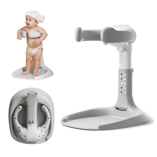 Foldable Baby Shower Stand, Toddler Bath Standing Support with Anti-Slip Base and Shower Holder, Adjustable 5 Levels Height, Ideal Gift for Infants 6-36 Months-Grey