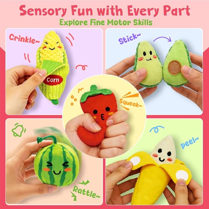 Play Food for Toddlers 1-3, Play Food Set for Kids Plush Fruits Vegetables Basket Color Sorting Rattle, Squeaker & Crinkle Baby Sensory Toys Birthday Stocking Stuffers Gifts for Christmas 20PCS