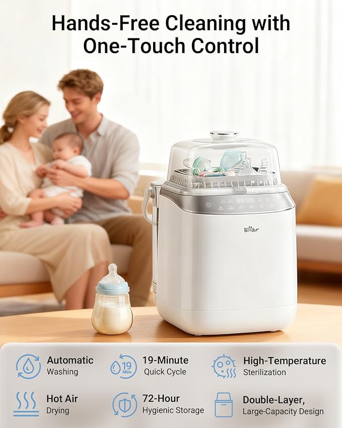 Bear Bottle Washer Pro, Baby Bottle Washer and Sterilizer and Dryer - All in One Machine for Bottles, Pump Parts & Baby Essentials with 90 Detergent Tablets - Effortless, Time-Saving