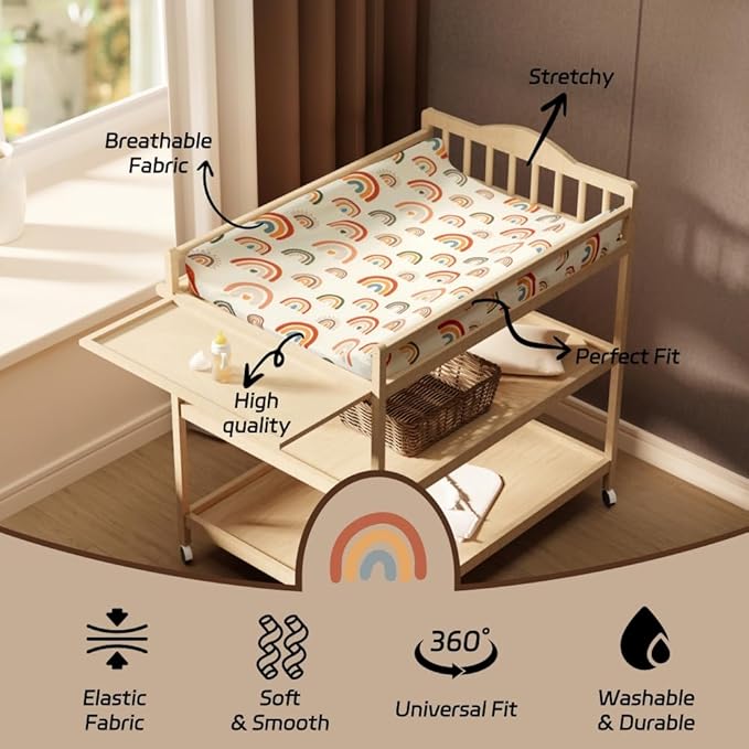 4 Pack Boho Nursery Sheets - Sunshine and Rainbow Design, Neutral Unisex Fitted Baby Changing Pad Cover Sheets for Baby Boys or Girls