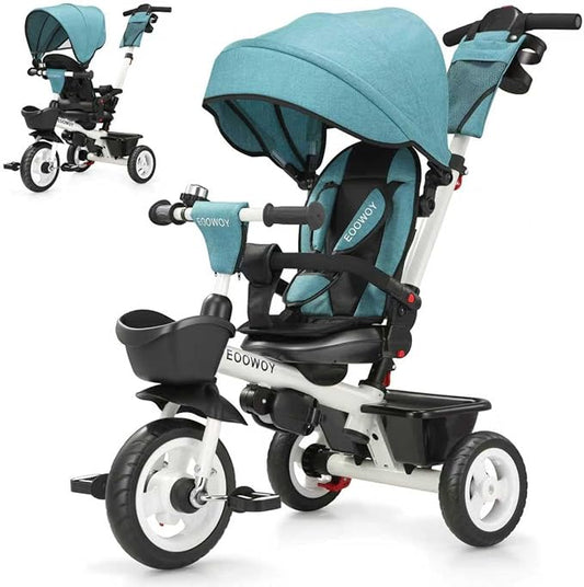 Toddler Tricycle with Push Handle, 7 in 1 Stroller Trike with 360° Swivel Seat, Reclining Backrest, All-Terrain Wheels, Dual Brakes, Canopy & Storage, Gift for Kids 18 Months to 5 Years, Green