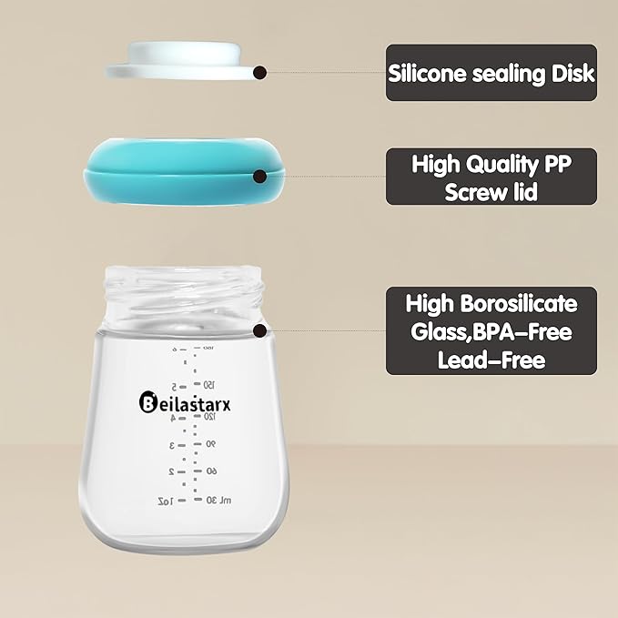 Glass Breast Milk Storage Bottles-Wide Neck Breastmilk Storage with Lids, Breast Milk Storage Containers for Fridge,BPA-Free (Blue,6oz(pack of 4))