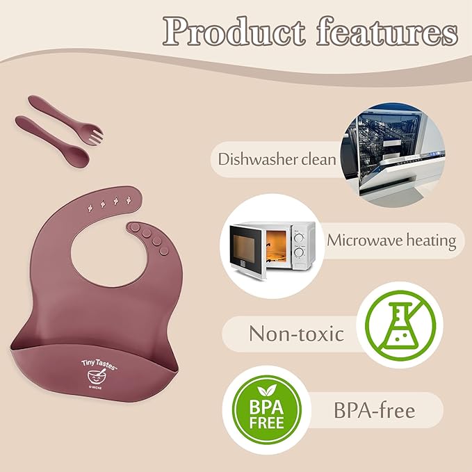 Tiny Tastes 10-Piece Silicone Baby Feeding Set – BPA-Free, Spill-Proof Suction Plate, Bowl, Bib, Snack Cup & Utensils | Dishwasher Safe, Baby Gift Ready (Dark Pink)