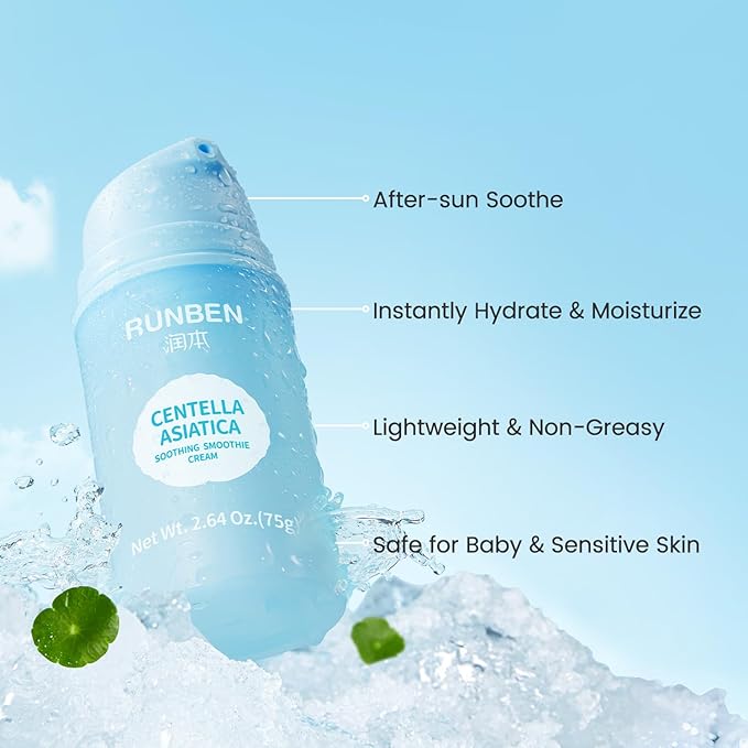 RUNBEN Kids Face Gel Cream with Centella Asiatiaca, Lightweight & Moisturizing, Clean & Gentle Lotion for Baby Sensitive Skin, Waterless Formula, Fragrance Free, 2.64 oz