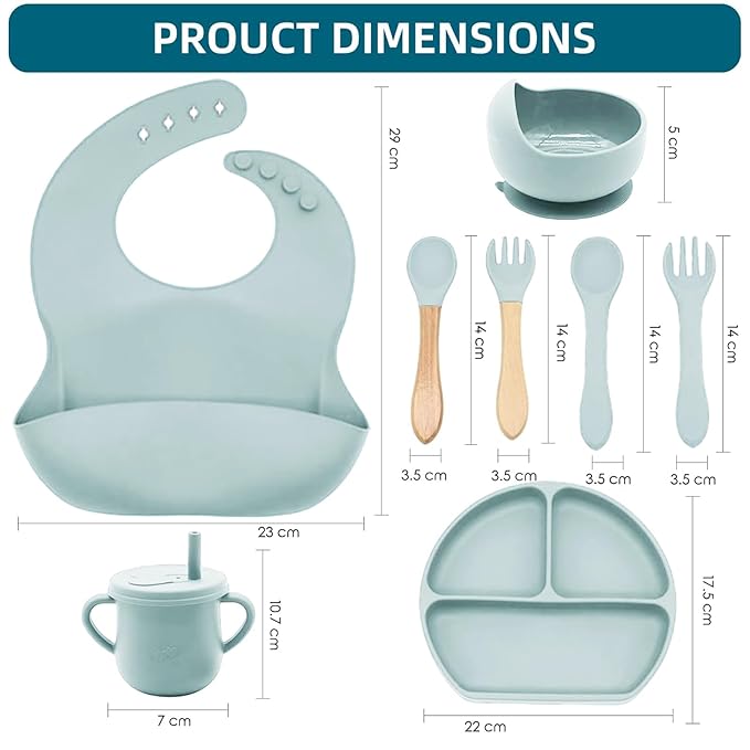 Dormlony 100% Silicone Baby Feeding Set,BPA Free Baby Dishes Set with Suction Bowl Divided Plate,Toddler Self Feeding Dish Set with Spoons Forks Sippy Cup and Bib, Baby Eating Utensils(Light Blue)