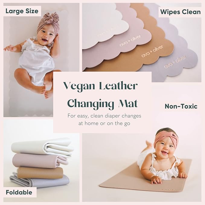 Ava + Oliver Vegan Leather Baby Changing Mat (16 X 30 in) - Multipurpose Wipeable and Portable Diaper Mat - Foldable for Travel (Pink Scallop)
