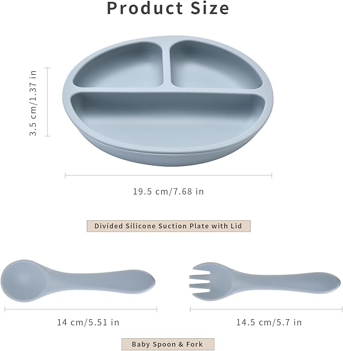 Silicone Baby Feeding Set, Includes Baby Spoons, Toddler Plates and Baby Fork, Suction Plates for Toddlers Divided Design, Microwave and Dishwasher Safe (C-2)