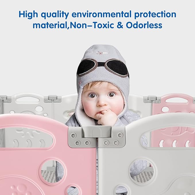 Albott Baby Playpen, 18 Panels Upgraded Portable Foldable Baby Fence with Game Panel and Safety Gate, Adjustable Shape, Ideal for Children Toddlers Indoors or Outdoors (White+Pink, 18 Panel)