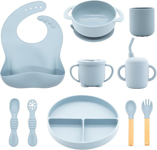 CHCC Silicone Baby Feeding Set 10 Pcs, Baby Led Weaning Supplies, Baby Feeding Supplies Set BPA Free, Baby Essentials for Newborn Gift Blue