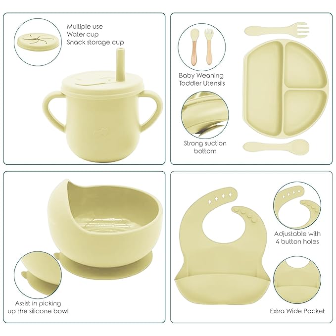 Dormlony 100% Silicone Baby Feeding Set,BPA Free Baby Dishes Set with Suction Bowl Divided Plate,Toddler Self Feeding Dish Set with Spoons Forks Sippy Cup and Bib, Baby Eating Utensils (Yellow)