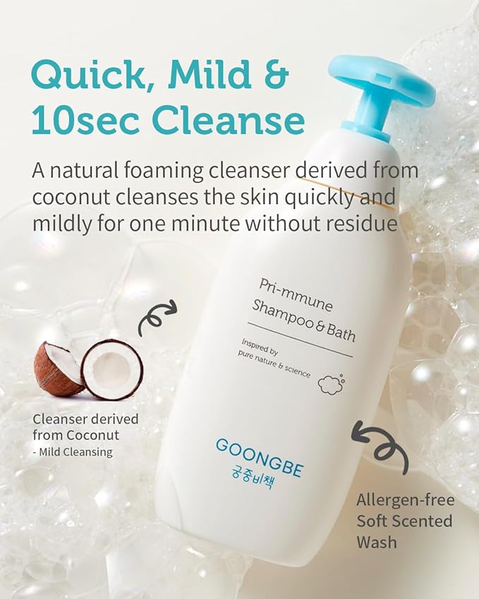GOONGBE Pri-mmune Shampoo & Bath - Korean Baby Wash - Hypoallergenic Head to Toe Cleanser - Paraben-Free Formula For Sensitive Hair & Skin, 11.8 fl.oz.