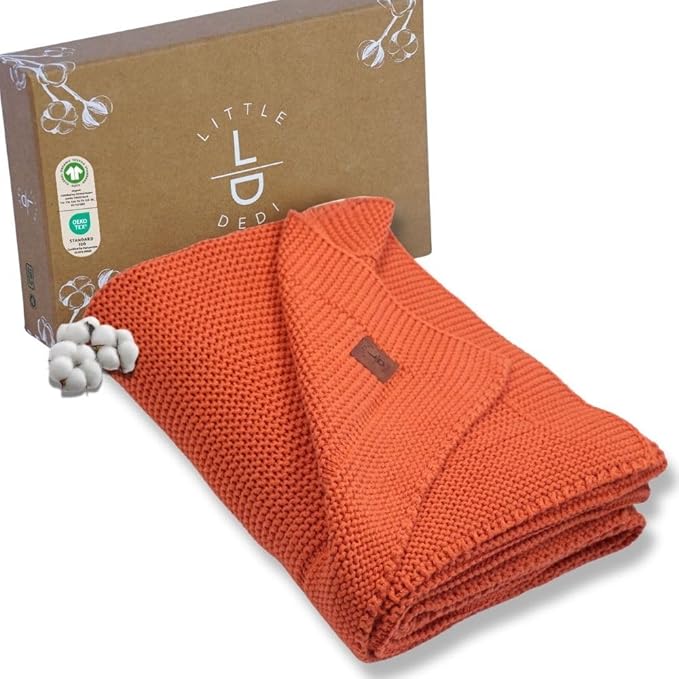 Little Dedi 100% Organic Cotton Baby Knitted Blanket with Gift Box - Soft Toddler, Crib, Stroller Blanket - Neutral Swaddle and Receiving Blanket for Newborns, 30"x40", Harvest Pumpkin