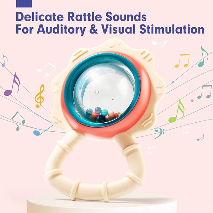 hahaland Baby Toys 0-6 Months - Baby Rattles Teething Toys 3-6 Months, Newborn Infant Toys 6-12 Months, Teether Grasping Shaker Toy Baby Gifts 6 5 4 3 Month Old Must Haves Montessori Rattle for Babies