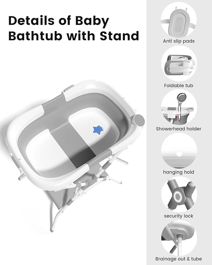 Baby Bathtub with Stand, 2-in-1 Collapsible Bath Tubs for Newborn to Toddler, Infant Bathtub with Folding Stand, Portable Bathtub for Baby Including Soft Cushion, Storage Pad