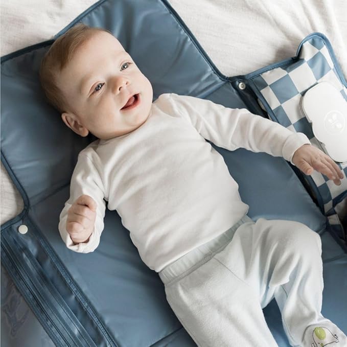 Tiny Twinkle Portable Diaper Changing Pad | Waterproof, Wipeable & Compact Baby Changing Pad for Travel | Smart Wipes Pocket & Organized Storage| Newborn Shower Gift (Blue Checkers)