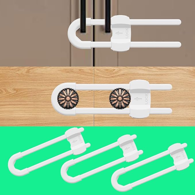 (3 pack white) 4 button Cabinet Locks, U-Shaped Proofing Drawers Safety Child Locks Adjustable, for Wardrobe,Kitchen,Bathroom,Drawer,Fridge,Cupboard Doors Knobs & Handles