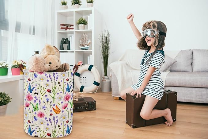 ESSME Kids Laundry Basket,Flower Hamper Collapsible Canvas Waterproof Storage Bin for Form, Nursery Hamper,Gift Baskets,toy bins(Flower cluster)