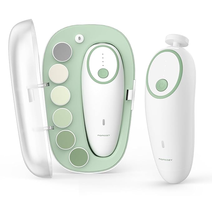 Momcozy Baby Nail File Electric, Gentle Baby Nail Trimmer Electric, Baby Nail Clipper with Night Light, 7 Grinding Head Replacement Pads, Green