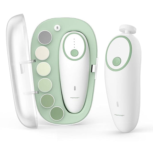 Momcozy Baby Nail File Electric, Gentle Baby Nail Trimmer Electric, Baby Nail Clipper with Night Light, 7 Grinding Head Replacement Pads, Green