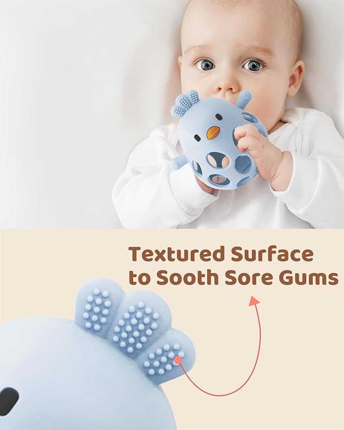 2-in-1 Baby Teething Rattle Toy, Sensory Grasping Teether for Infants 3-12 Months, 100% Food-Grade Silicone, Easy to Hold, Soothing & Developmental, BPA Free