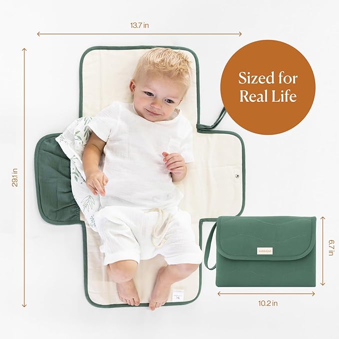 Toddlekind Mini Maven Portable Changing Pad – Organic Cotton & Water-Resistant Polyester – Travel-Friendly, Foldable Change Mat – Forest Green Stripes with Wave Stitching – Chic, Durable, Easy Clean