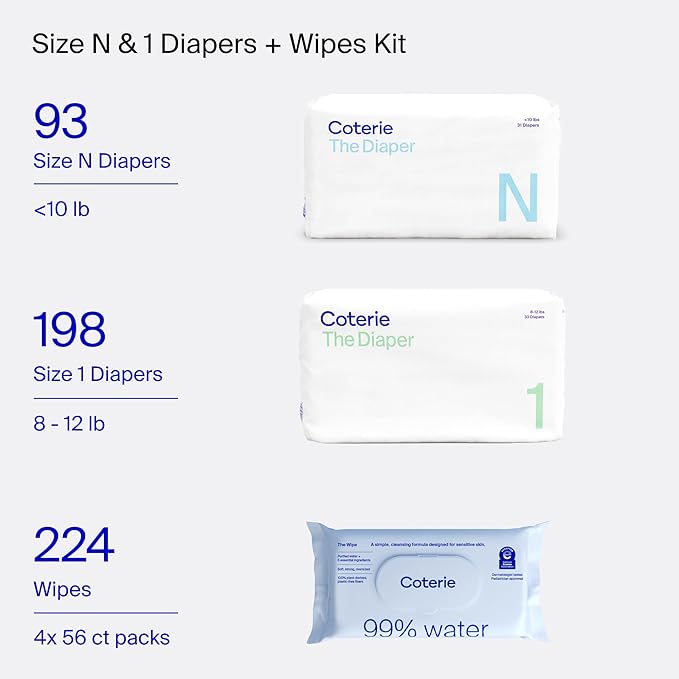 Coterie Baby Wipes + Diapers Kit, Size 1 (198 Count) & Size Newborn Diapers (93 Count), 4 Pack (224) Wipes with 99% Water, Plant Based Materials, Hypoallergenic for Sensitive Skin, Baby Essentials