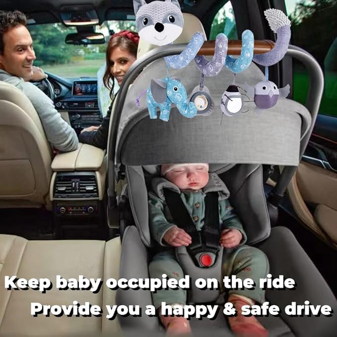 Car Seat Toys, Baby Toy 3-6 Months Carseat Stroller Toys Infant Spiral Activity Toy 0-3 Month, Hanging Car Toys for Babies 0-6 Months Newborn Boys Girls with Music Rattle Squeaker - Gray Fox