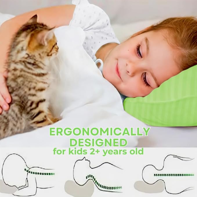 kinder Fluff Pre-Teen Pillows (2-Pack) 17x26in – Pillows for Kids Age 12+, 100% Cotton Sateen Stripes 300T, Down Alternative Fill, Machine Washable – Travel Cushions – Green – XL