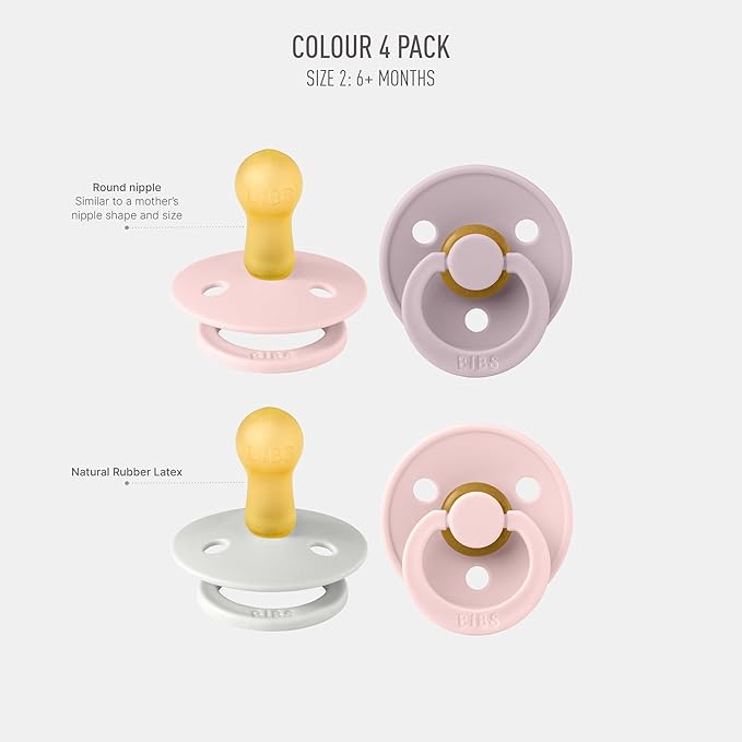 BIBS Colour Soother 4-Pack | BPA Free Dummy Pacifier | Round Nipple | Natural Rubber Latex | Made in Denmark | Size 6-18 Months | Haze Mix