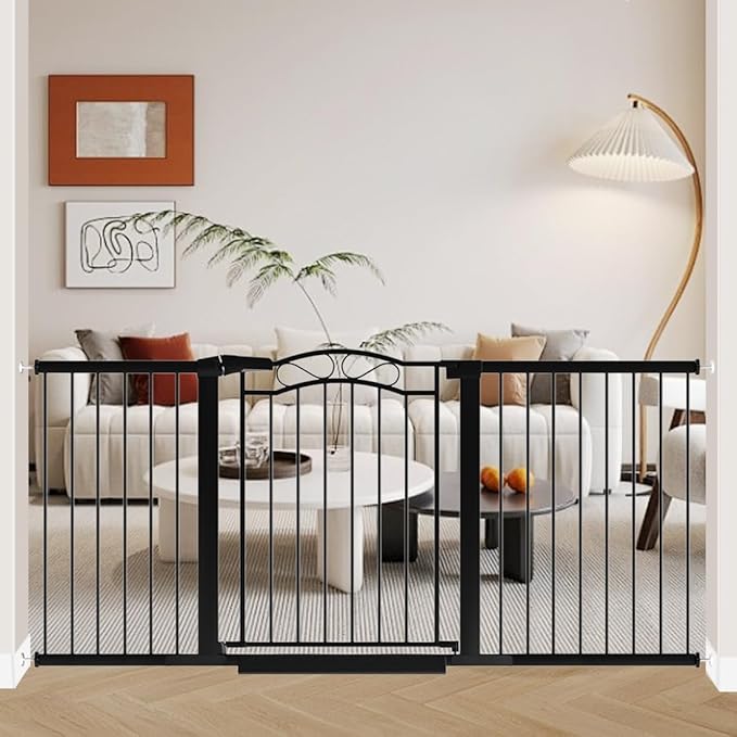 Fairy Baby 68.2"-70.8" Extra Wide Baby Gate with Door, 69 70 Inches Walk THR Baby Gates for Stairs Pressure Mounted no Drill, Indoor Tension Metal Child Pet Dog Safety Gate for Kids, Black