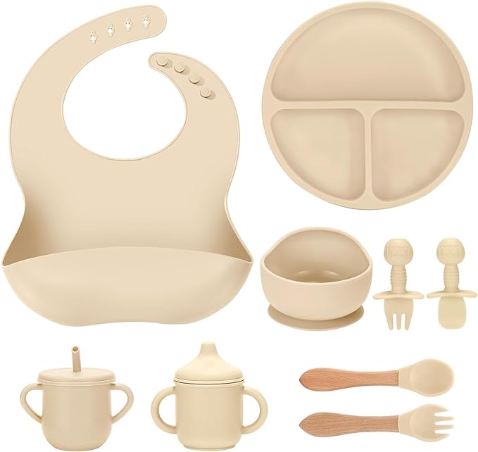 JELLDJK Silicone Baby Feeding Set 9 Pcs, Spill-Proof Suction Plate, Bowl, Bib, Silicone spoon&forks, Wooden Spoons&forks, Training cup with straw and Sippy Cup, Baby Eating Utensils (Beige)