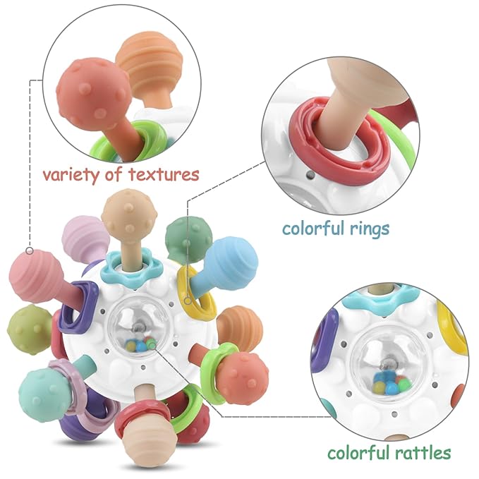 Baby Sensory Montessori Toy - Infant Teething Relief - Teethers for Newborn - Developmental Rattles Chew Toys Gifts for 0 3 6 9 12 18 Months Girl Boy -Toddler Travel Toy for 1 2 One Year Old (White)