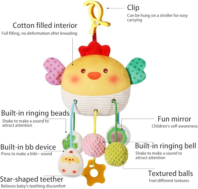 Carseat Toys Hanging for Babies 0-6 Months Boy Girl – Chicken Pull String Baby Toy with Crinkle, Rattle, Mirror, BB Squeaker – Crib Toys Hanging, Stroller, Car Seat Toy, Baby Hanging