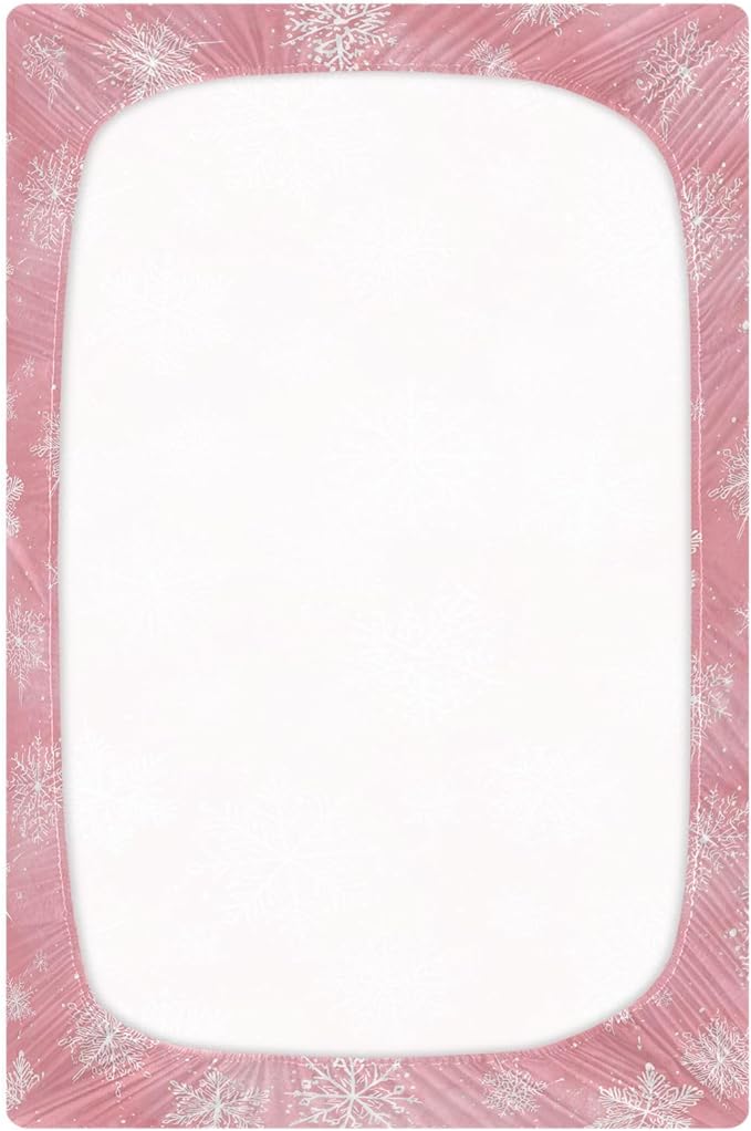 Pfrewn Christmas Crib Sheets for Boys Girls Pink Retro Snowflakes Fitted Crib Sheet for Mini Crib Mattress Stretch Soft Winter Pattern Toddler Baby Playard Sheet,39x27IN