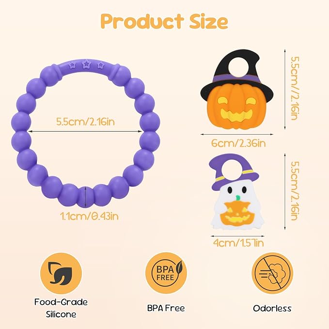 Halloween Baby Teething Toys, Pumpkin & Ghost Silicone Teether for 3-12 Months, Textured Sensory Chewing Ring for Infants & Toddlers, Boo Basket Stuffer, Gift for Baby’s First Halloween