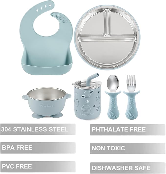 PandaEar 6-in-1 Stainless Steel Baby Feeding Set | Divided Suction Plate, Bowl, Sippy Cup with Straw, Bib, Spoon & Fork | BPA-Free Toddler Feeding Essentials for Self-Feeding (Blue)