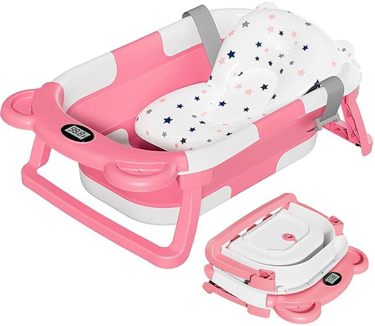 TPN Collapsible Baby Bathtub, Baby Bath Tub with Soft Cushion & Real-Time Thermometer, Baby Bathtub Infant to Toddler Tub (0-36 Months), Portable Newborn Travel Bath tub